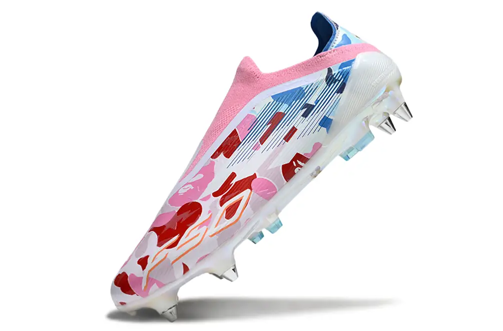 Adidas F50 x BAPE Elite SG Laceless side view – camouflage green upper with signature BAPE print and gold detailing.
